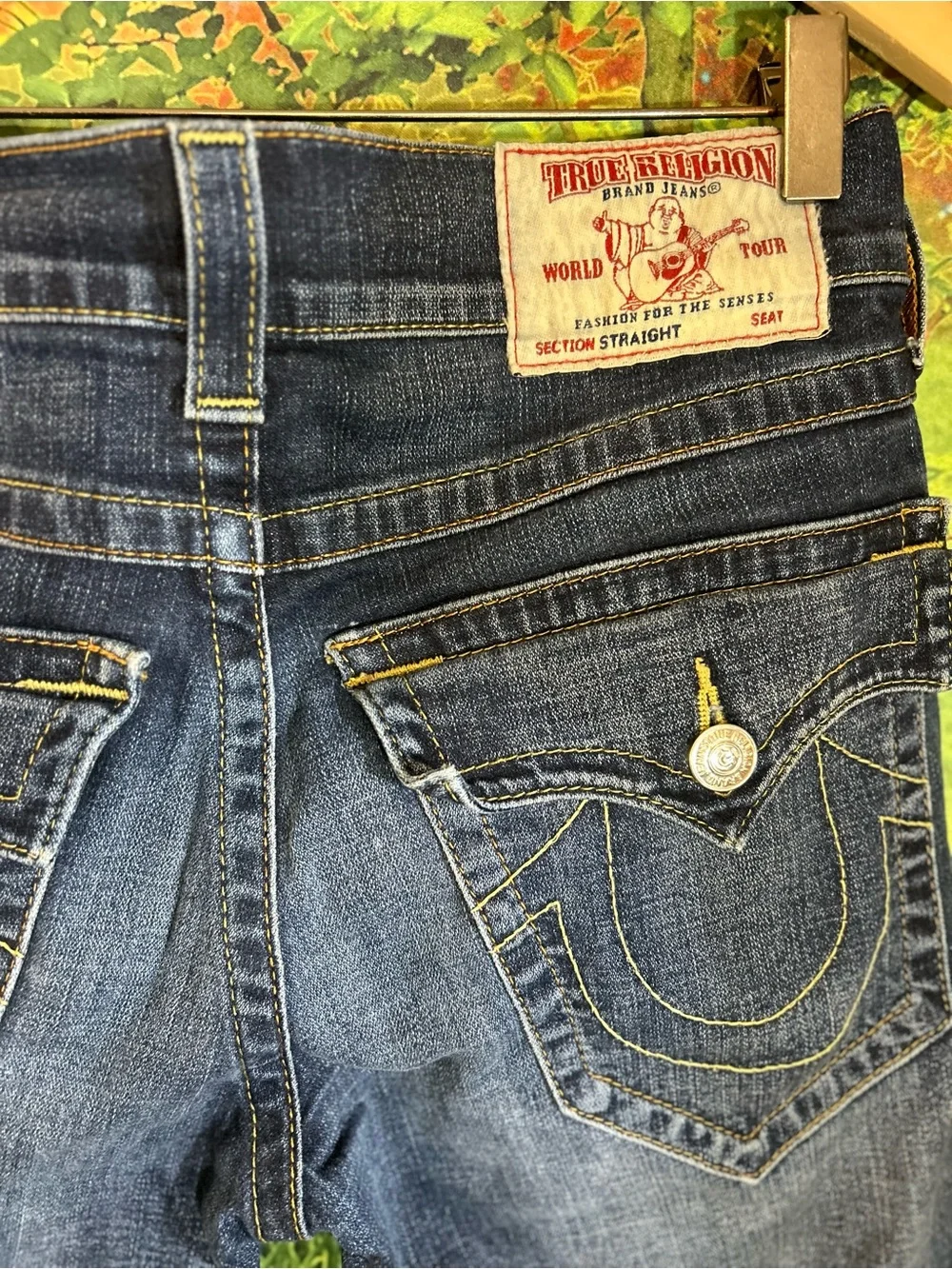 True Religion Indigo Blue Straight Jeans with Yellow Stitching